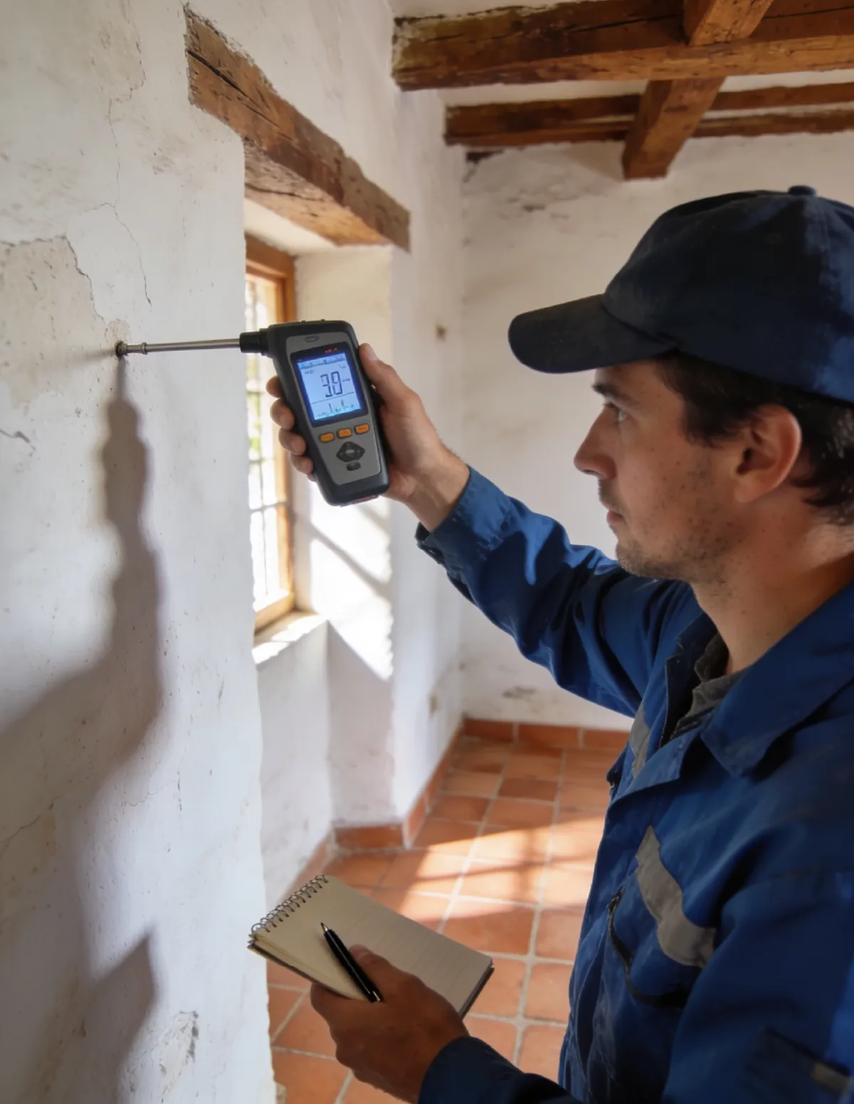 Técnico HUMIX midiendo la humedad de un muro antiguo en Malagón